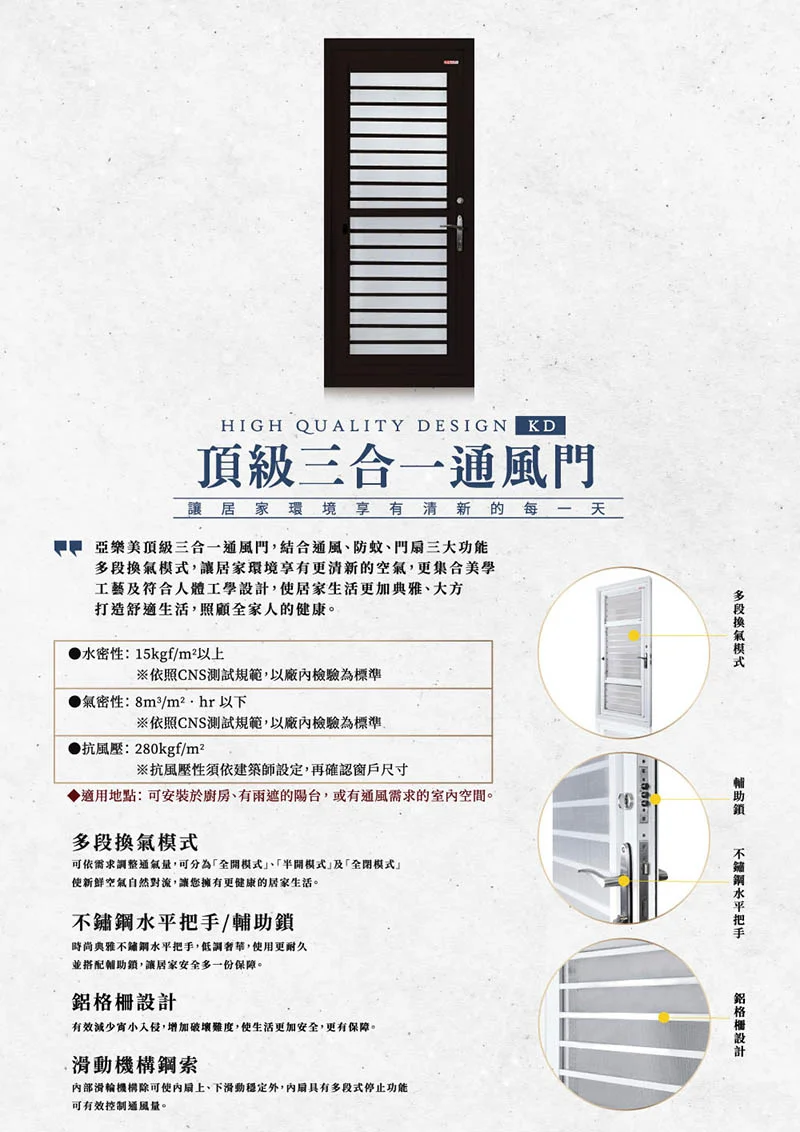 棋凱鋼鋁-力霸亞樂美精品門窗-KD頂級三合一通風門