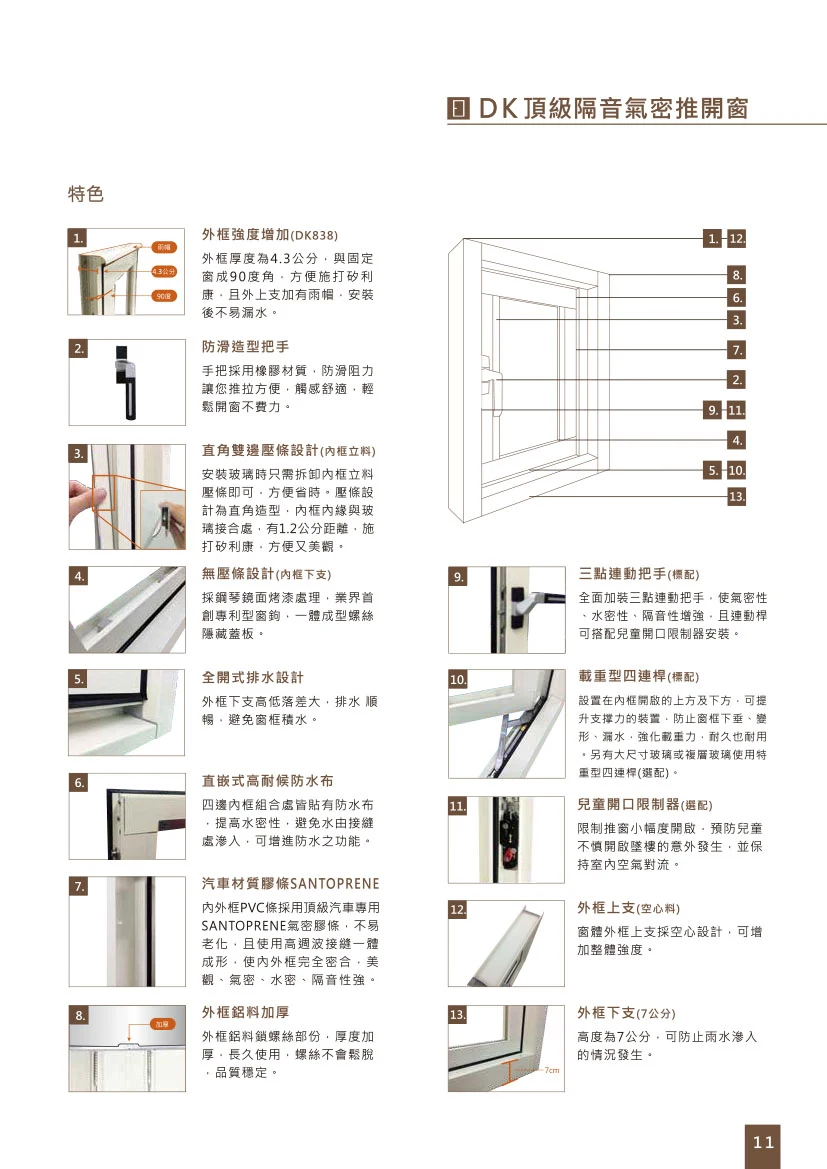 棋凱鋼鋁-DK時尚精品窗-DK838/868/1068頂級隔音氣密推開窗