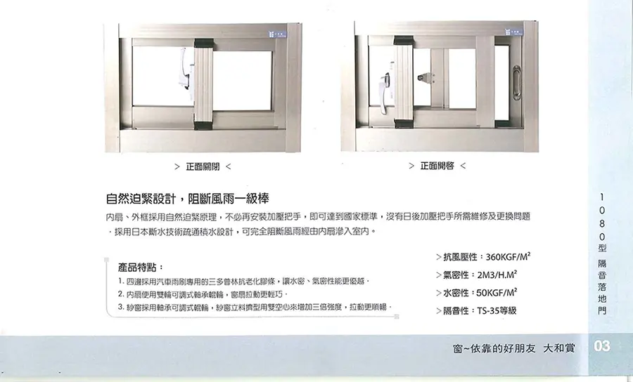 棋凱鋼鋁-大和賞氣密窗-1080型隔音落地門